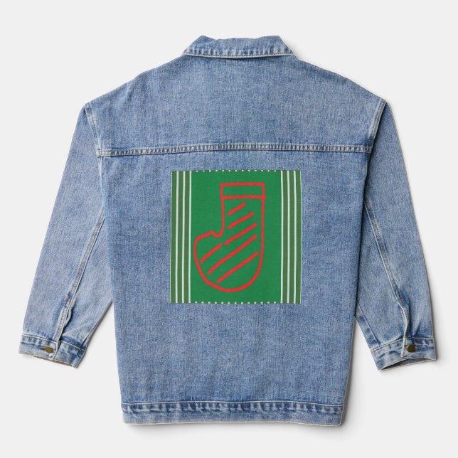 Red Green Christmas Stocking on Green Denim Jacket (Back)