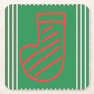 Red Green Christmas Stocking on Green Square Paper Coaster