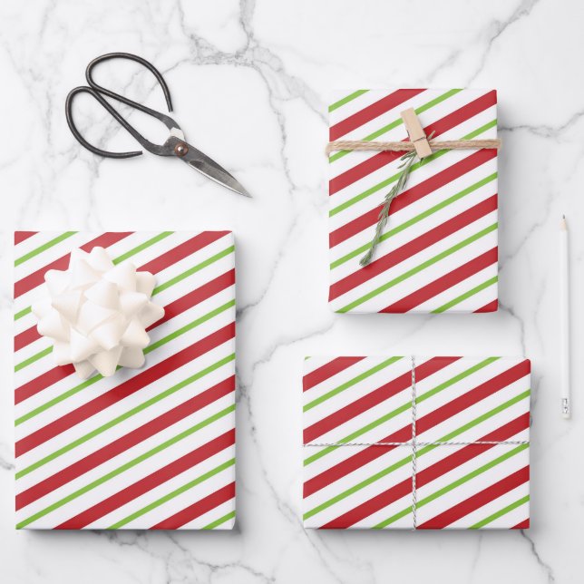 Red & Green Christmas Striped Design Wrapping Paper Sheet (Front)