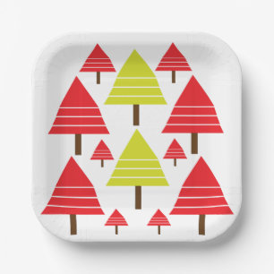 Red Green Christmas Tree Modern Minimal Pattern Paper Plate