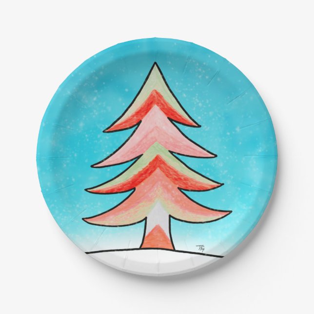 Red & Green Christmas Tree Paper Plate (Front)