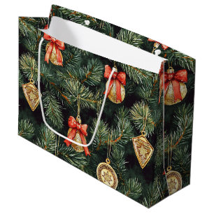 Red Green Christmas Trees Gold Ornaments Large Gift Bag