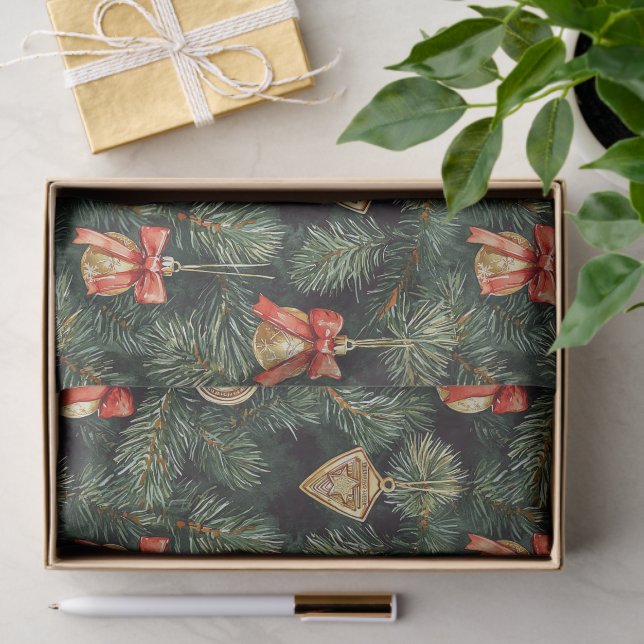Red Green Christmas Trees Gold Ornaments Tissue Paper (Gift)