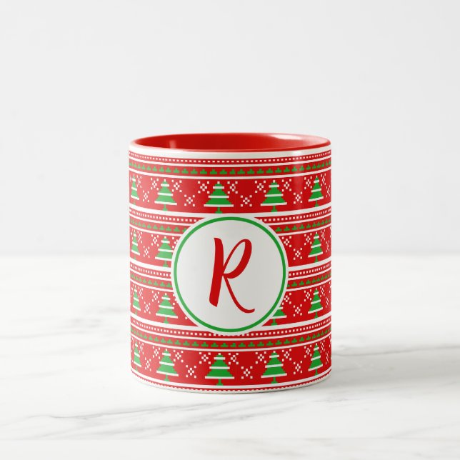 Red Green Christmas Trees Monogram Two-Tone Coffee Mug (Center)