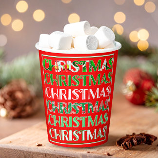 Red Green Christmas Typography Retro Paper Cups