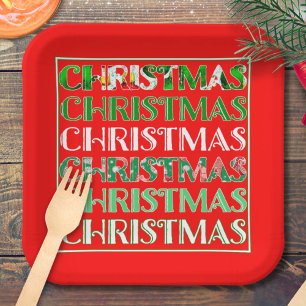 Red Green Christmas Typography Retro Paper Plate