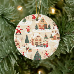 Red Green Christmas Village Snowy Beige Pattern Ceramic Tree Decoration
