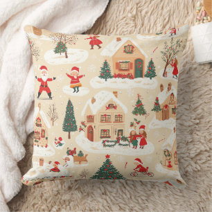 Red Green Christmas Village Snowy Beige Pattern Cushion