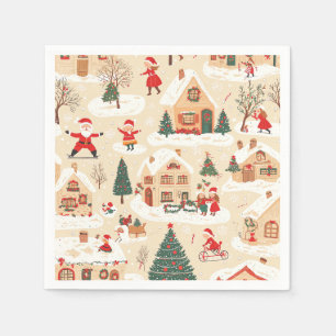 Red Green Christmas Village Snowy Beige Pattern Napkin