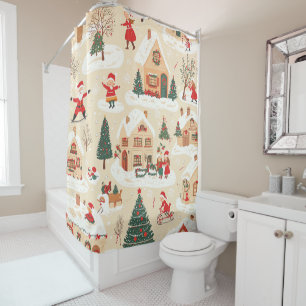 Red Green Christmas Village Snowy Beige Pattern Shower Curtain