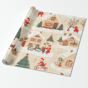 Red Green Christmas Village Snowy Beige Pattern Wrapping Paper