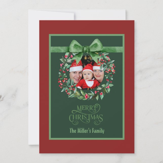 red green Christmas Wreath Photo  Holiday Card (Front)