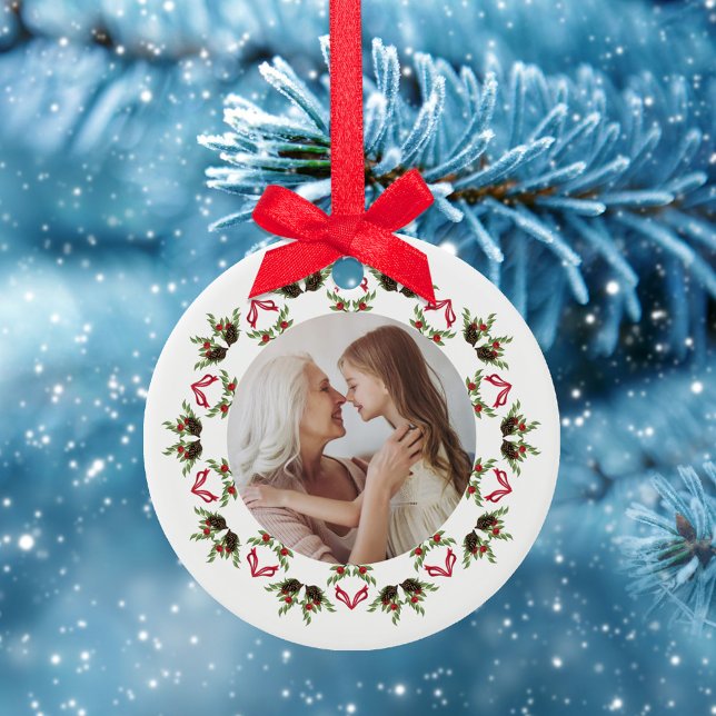 Red Green Christmas Wreath Photo Template Ceramic Tree Decoration (Christmas greenery, pine cones, and holly berries mandala photo ceramic ornament. )