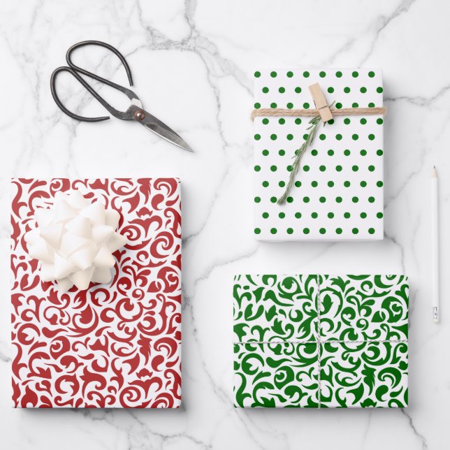 Red Green Coloured Damask Polkadots On Crisp White Wrapping Paper Sheet (Front)