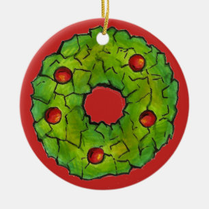 Red Green Cornflake Holly Wreath Christmas Cookie Ceramic Tree Decoration