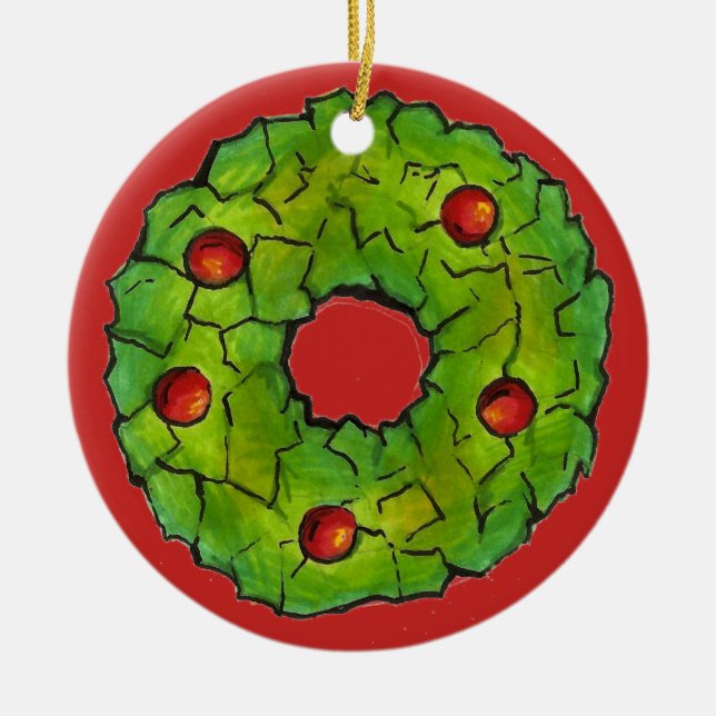 Red Green Cornflake Holly Wreath Christmas Cookie Ceramic Tree Decoration (Front)