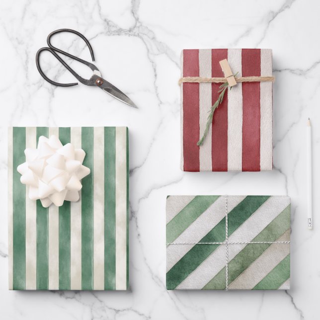 Red Green Cream Stripes Christmas Wrapping Paper Sheet (Front)