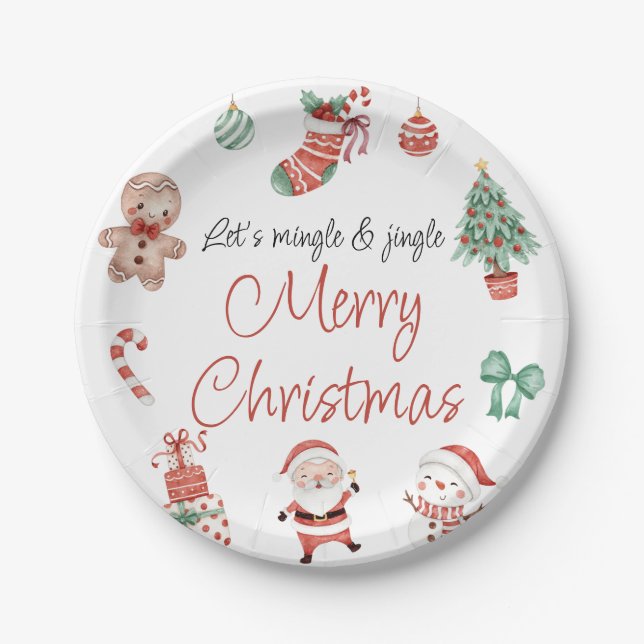 Red Green Cute Santa Christmas Party  Paper Plate (Front)