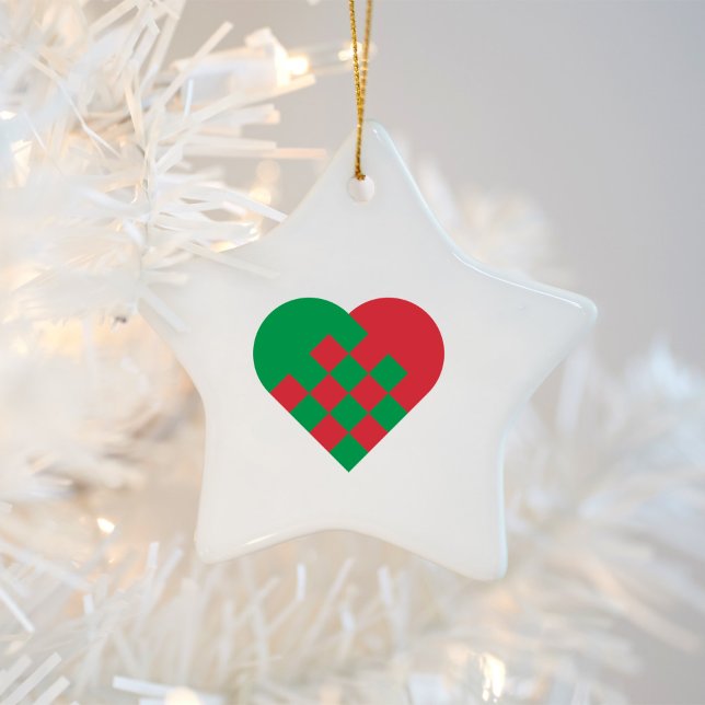 Red Green Danish Heart Ceramic Tree Decoration (Red Green Danish Heart Star Shaped Ceramic Ornament)