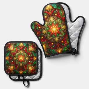 Red Green Decorative Christmas Tree Oven Mitt & Pot Holder Set