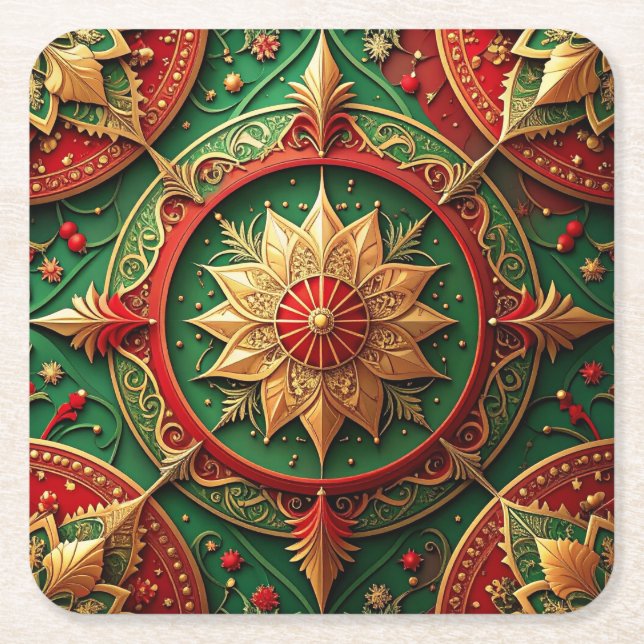Red Green Decorative Holiday Paper Coaster (Front)