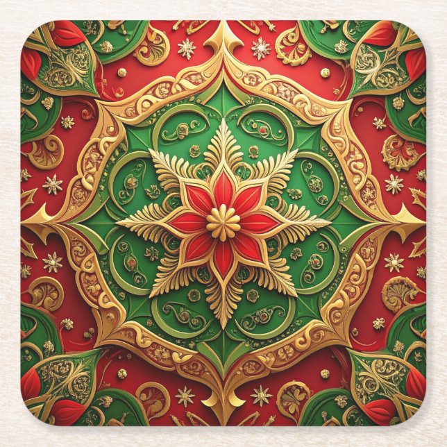 Red Green Decorative Holiday Paper Coaster (Front)