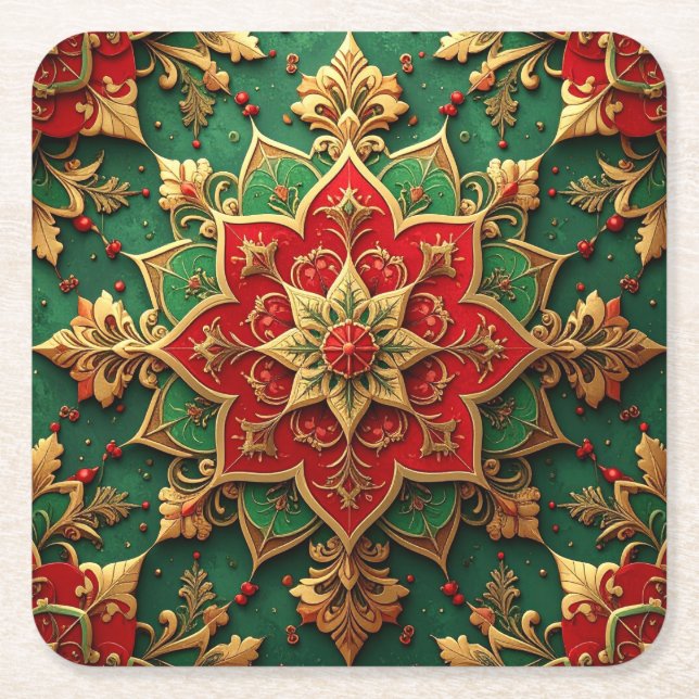 Red Green Decorative Holiday Paper Coaster (Front)