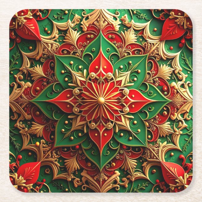 Red Green Decorative Holiday Paper Coaster (Front)