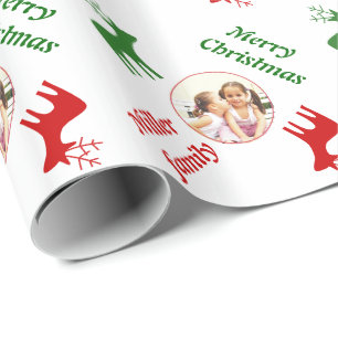 Red, green deer and name Christmas holiday photo Wrapping Paper