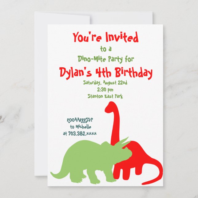 Red & Green Dinosaur Birthday Party Invitations (Front)