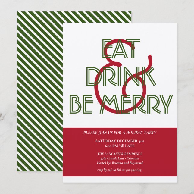 Red & Green Eat Drink & Be Merry Christmas Party Invitation (Front/Back)