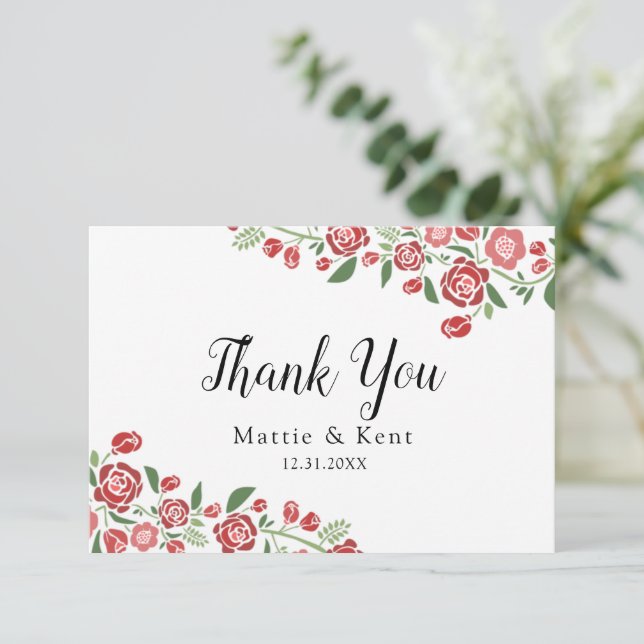 Red Green Elegant Floral Wedding Couple Thank You Card (Standing Front)
