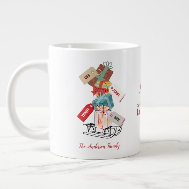 Red Green Family Winter Sleigh Modern Christmas Large Coffee Mug (Left)