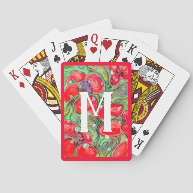 Red Green Fantasy Flowers Monogram Art Playing Cards (Back)