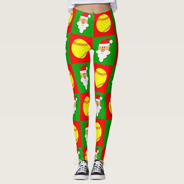 Red & Green Fastpitch Softballs & Santa Christmas Leggings (Front)