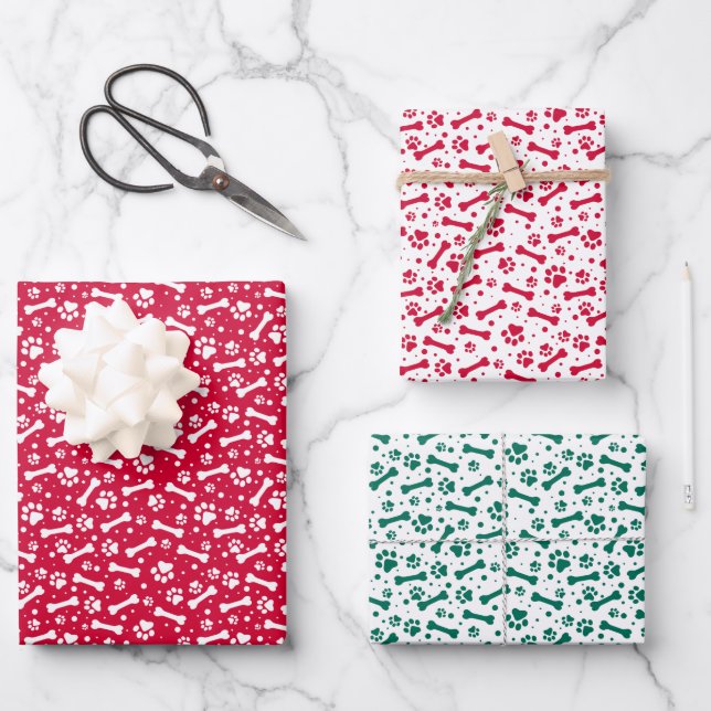 Red Green Festive Paw Print Pattern  Wrapping Paper Sheet (Front)