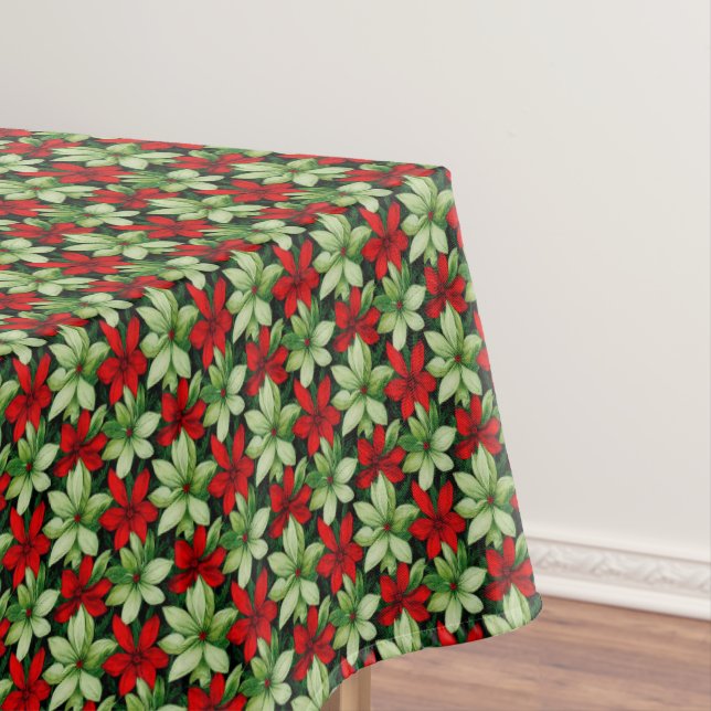 red green festive Poinsettia tiled Christmas Tablecloth (In Situ)