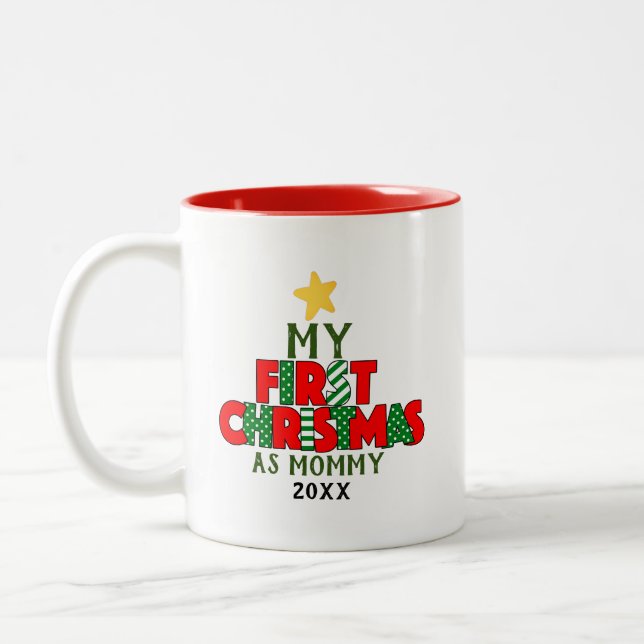 Red & Green First Christmas for Personalised Two-Tone Coffee Mug (Left)