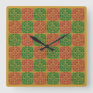 Red Green Fleur-de-Lis Holiday Pattern Square Wall Clock
