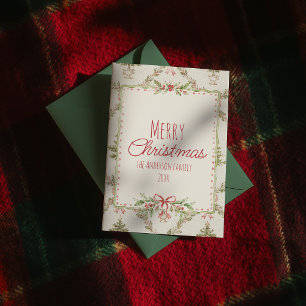 Red Green Floral Bow Frame Merry Christmas Holiday Card