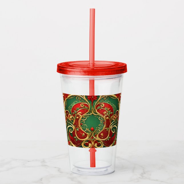 Red Green Floral Christmas Holiday Acrylic Tumbler (Front)