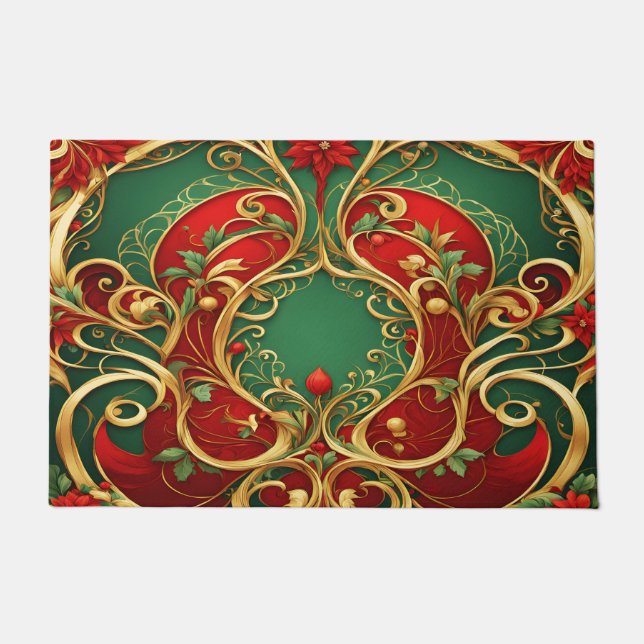 Red Green Floral Christmas Holiday Doormat (Front)