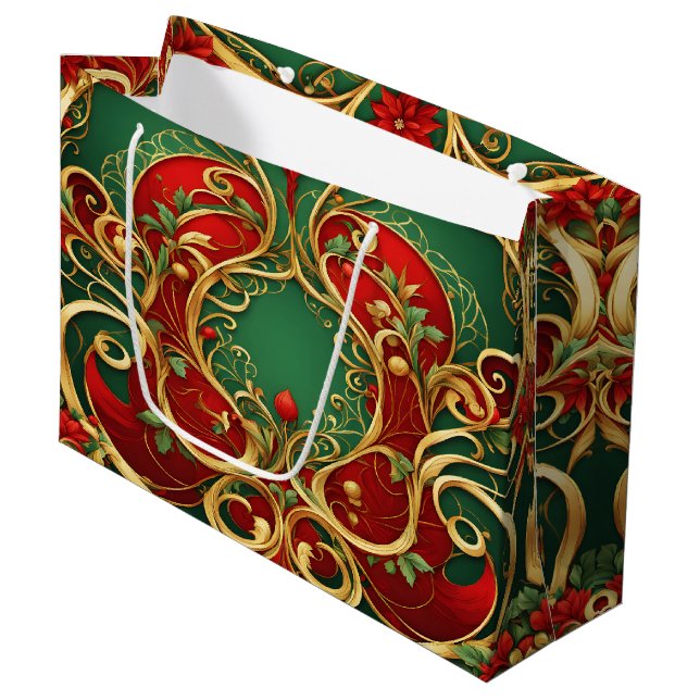 Red Green Floral Christmas Holiday Gift Bag (Front Angled)