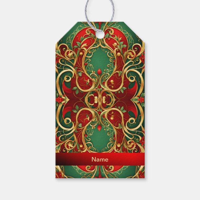 Red Green Floral Christmas Holiday Gift Tag (Front)
