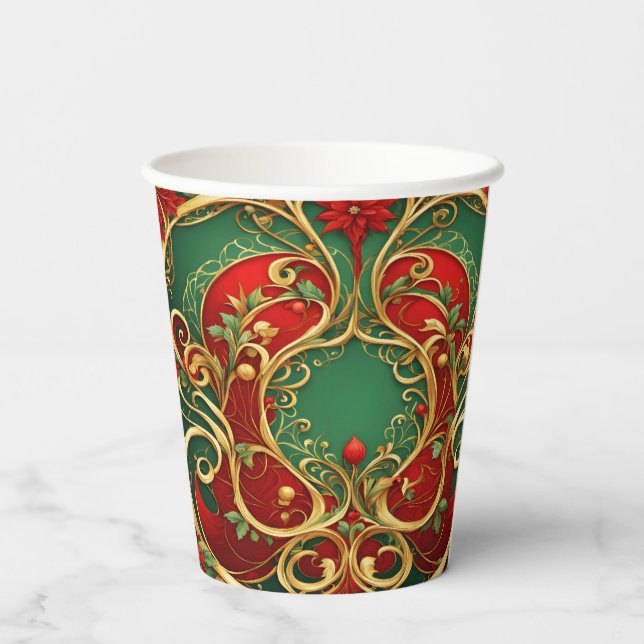 Red Green Floral Christmas Holiday Paper Cups (Back)