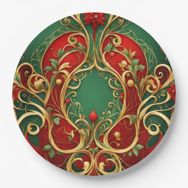 Red Green Floral Christmas Holiday Paper Plate (Front)