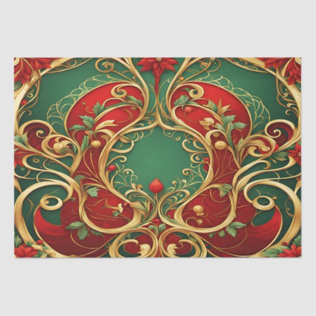 Red Green Floral Christmas Holiday Tissue Paper (Front)