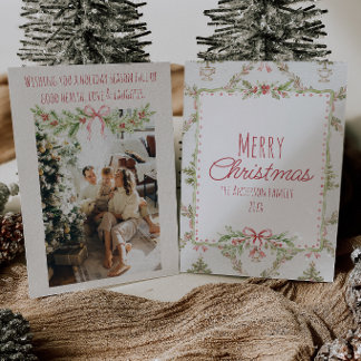 Red Green Floral Colourful Bow Frame Christmas Holiday Card