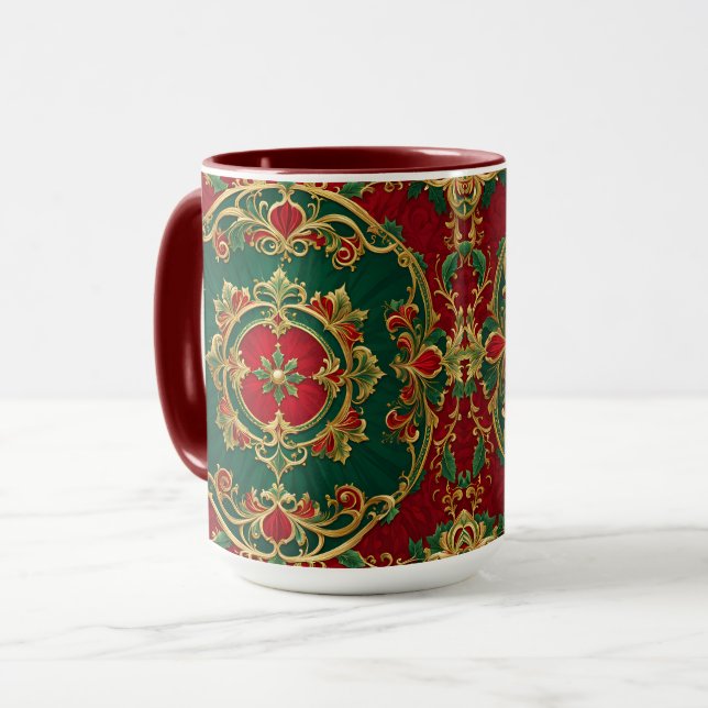 Red Green Floral Decorative Christmas Holiday Mug (Front Left)