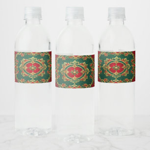 Red Green Floral Decorative Christmas Holiday Water Bottle Label